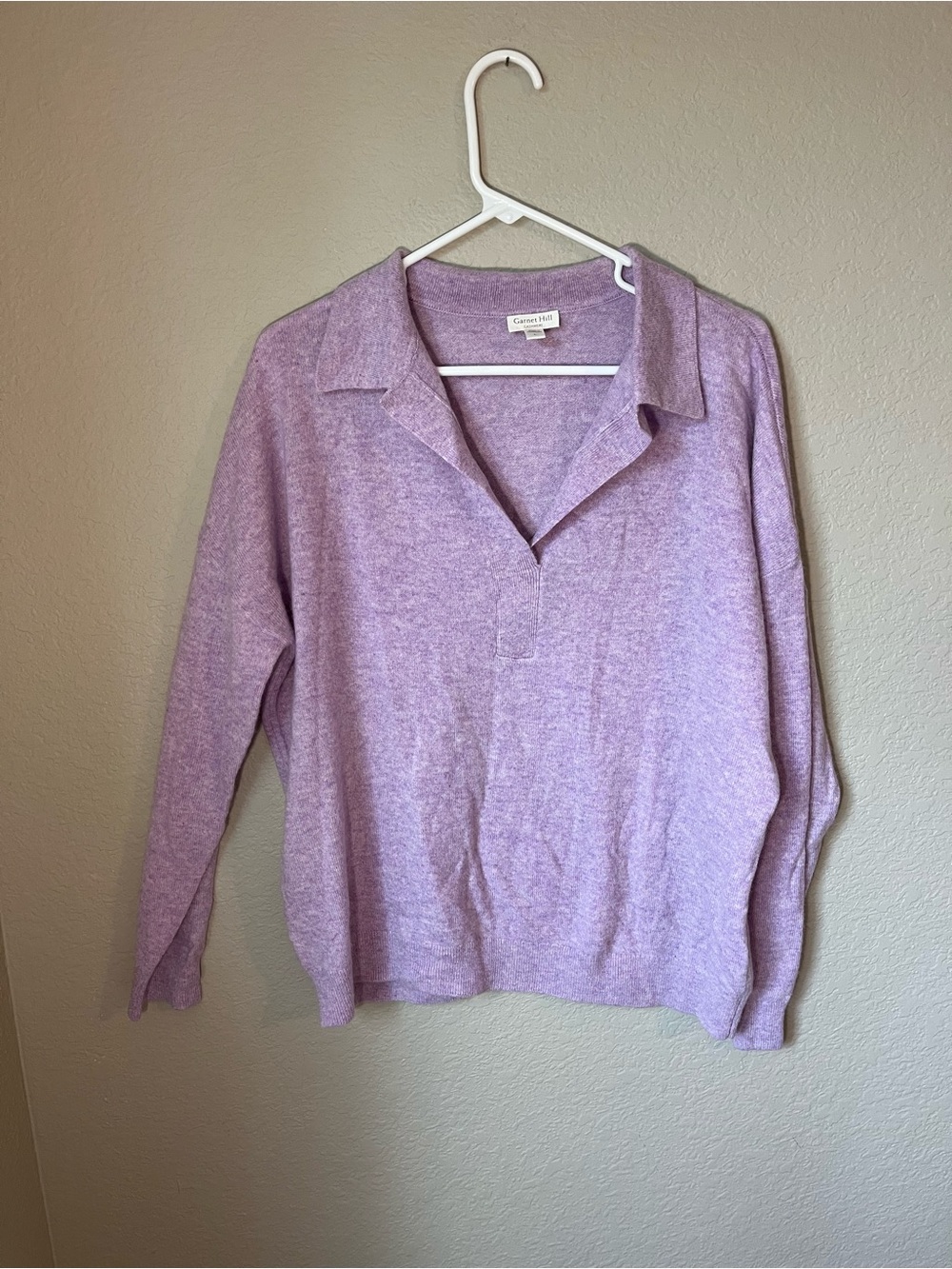 Garnet Hill 100% Cashmere Polo Sweater L Lavender Purple Relaxed Quiet Luxury